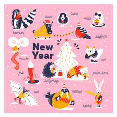 Set icons of cute animals. Funny characters hand drawn style for happy new year card. Raccoon, boar, lamb. mole, bullfinch, owl, bear, rabbit, walrus, hedgehog, bat, fox decorate Christmas tree.