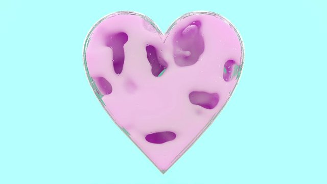 3d animation of a glass heart shape with weightless liquid or cream inside. Perfect futuristic trendy fashion glamour footage for advertising cosmetic products. Sign of love and preferences.
