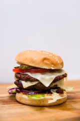 Hamburger on the wooden table
