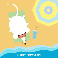 White сartoon rat sunbathing on the beach. Cool mouse in sunglasses on the sunbed. Happy new year and Christmas. Year Of The Rat 2020. Zodiac chinese symbol. Greeting card. Summer beach holidays.