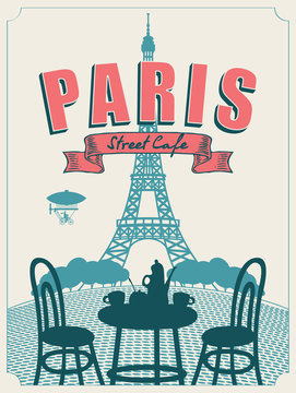 Vector banner or menu for Parisian street cafe with view of the Eiffel Tower, with table and chairs for two in retro style. Romantic cartoon illustration with french landscape