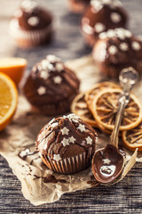 Christmas chocolate delicious muffins sprinkled with topping and white stars
