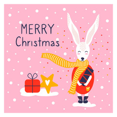 Greeting card with icon of cute rabbit bunny. Character hand drawn style on happy new year poster. Funny animal and confetti. Merry Christmas.