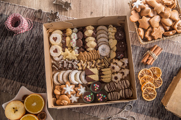 Box full of christmas sweet cokies and pastry