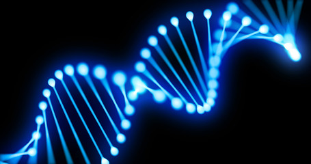 DNA gene helix spiral 3D loop, chromosome molecule cell of blue light on black background. DNA molecule or genome cell for molecular science and genetic medicine technology - obrazy, fototapety, plakaty