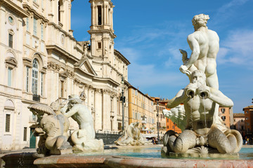Fototapeta na wymiar La Fontana del Moro or Moor Fountain at Piazza Navona square in Rome on a beautiful summer day, Rome, Italy.