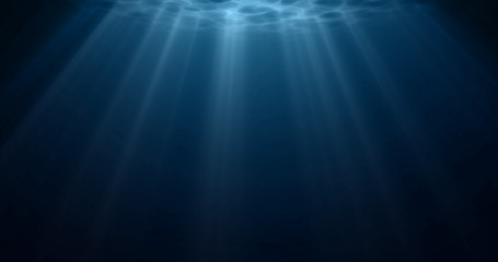 Underwater light, sun light shine under water with ripples on surface. Realistic sunlight under deep water with reflection, blue ocean or sea depth blue background