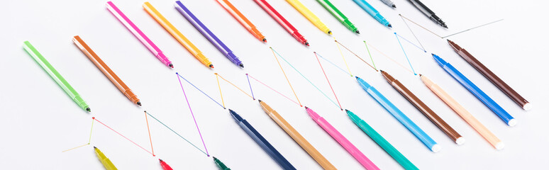 panoramic shot of felt-tip pens on white background with connected drawn lines, connection and communication concept