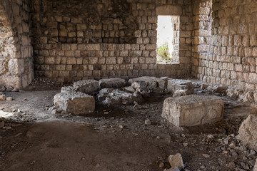 The ruins  of main hall of crusader Fortress Chateau Neuf - Metsudat Hunin is located at the entrance to the Israeli Margaliot village in the Upper Galilee in northern Israel