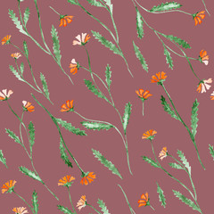 Orange flowers watercolor painting - hand drawn seamless pattern on burgundy background	