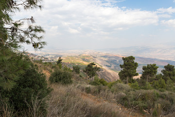 Panoramic  view from the Bania observation deck near the Israeli Misgav Am village to the valley in the Upper Galilee and Golan Heights in northern Israel and South Lebanon