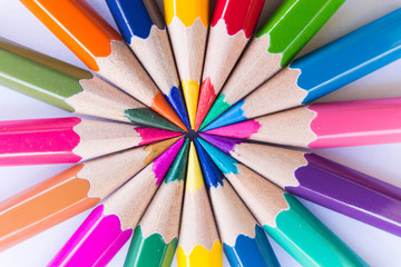 Fototapeta premium Crayon colorful sort circle shape top view close up at pencil tip