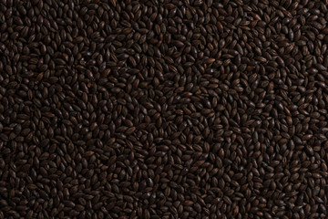 Black roasted malt for alcohol production. Roasted Barley background. Top view