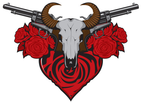 Vector banner on theme of love and death. Illustration with skull of bull, red heart, roses and old revolvers isolated on white background. Template for clothing, t-shirt design, tattoo