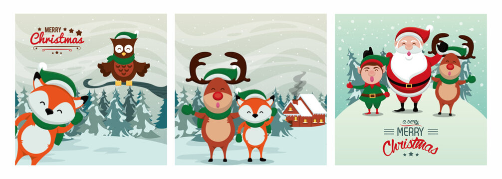 happy merry christmas card with cute characters