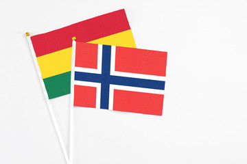 Norway and Ghana stick flags on white background. High quality fabric, miniature national flag. Peaceful global concept.White floor for copy space.