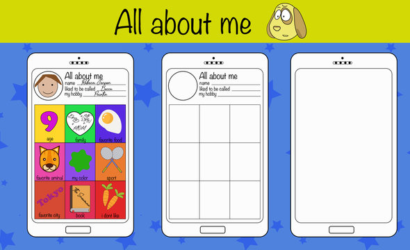 Puzzle game for children. Diary, all about me. Preschool worksheet activity for kids. Education game, iq test, brain training