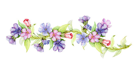 Fototapeta na wymiar Lungwort herb watercolor border illustration. Medical wild plant with blue flowers on the stem hand drawn decore image. Blooming lungwort herb isolated on white background. 