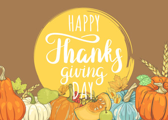  Happy Thanksgiving Greeting Card with Pumpkins, Apples and Autumn Foliage