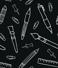 Hand drawn seamless vector pattern with school supplies. White on dark gray background with pen, pencil, ruler, brush and pin. Vector illustration