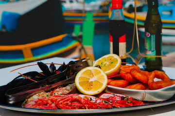 delicious fish platter served in mediterranean restaurant