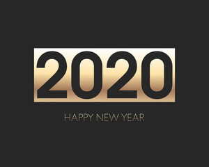 Happy New Year 2020 gold and shine design. Vector greeting illustration with golden numbers and text. Lettering and calligraphy. Print on badge, banner, poster, card, fabric, paper, calendar, notebook