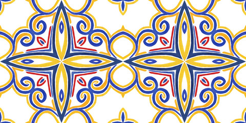 Embroidery in the traditions of Peru, Aztecs and Maya. Geometric folk ornament fabric.  Colorful seamless pattern in Spanish, Mexican, African,  American Indian rug. Tribal embroidery. Old carpet.