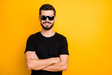 Portrait of positive cheerful guy cross hands real freelancer entrepreneur enjoy rest relax wear...