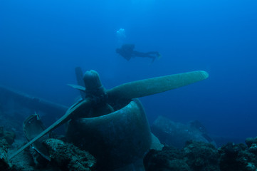 plane wreck and diver