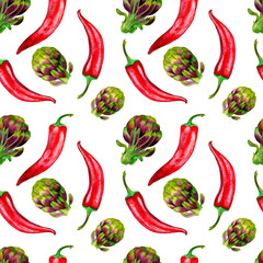 Seamless pattern of watercolored artichokes and red hot chili peppers , for wrapping paper, wallpaper, fabric pattern, backdrop, print, gift wrap, cover of notebook, envelope