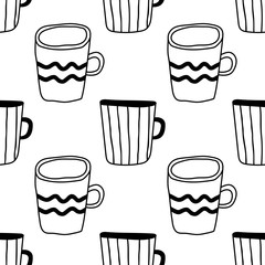 Black and white illustration of tea or coffee mugs. Seamless pattern for coloring book, page.