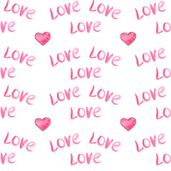 Watercolor inscription love on Valentine's day with heart on white background