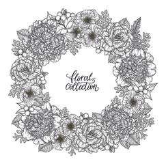 Roses and peonies flower bouquet wreath border hand drawn in lines. Black and white monochrome graphic doodle elements. Isolated vector illustration, template for design