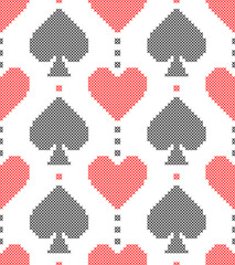 Card suits, diamonds, spades, hearts, clubs. Geometric background. Imitation cross stitch. Seamless decorative design.