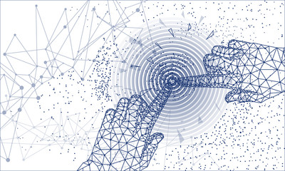Future protection technology with hand and arrows on full color liquid beautiful geometric thin line background. Big data selections and tomorrow intellectual systems.