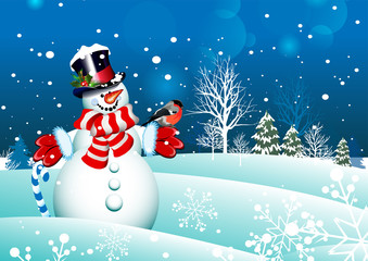 Christmas card. Happy snowman with a bullfinch bird on a blue background of a winter forest with Christmas trees and trees.