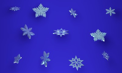 Snowflakes flying on a blue background. 3d rendering