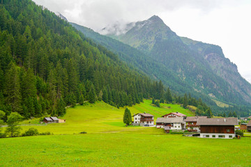 Fototapeta na wymiar Alpine traditional landscape. lush green alpine meadows village high mountains