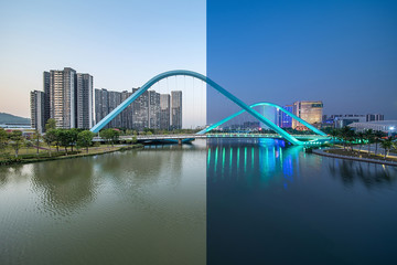 Day and night scenery of Jiaomen River in Nansha District, Guangzhou, China