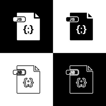 Set JS file document. Download js button icon isolated on black and white background. JS file symbol. Vector Illustration