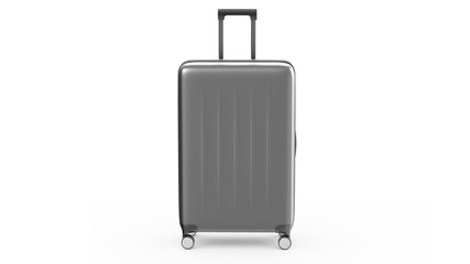 Silver plastic suitcase on wheels isolated on white