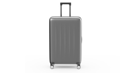 Silver plastic suitcase on wheels isolated on white