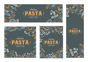 Fototapeta na wymiar Pasta banners, cards design, vector hand drawn pasta elements design, set of various cards.