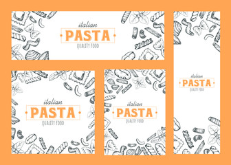 Pasta banners, cards design, vector hand drawn pasta elements design, set of various cards.