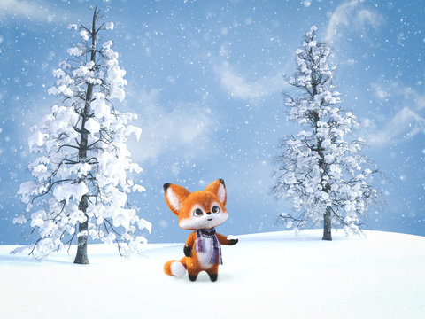 3D Rendering Of A Kawaii Cartoon Fox In Snow.