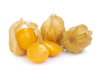 Cape Gooseberry (Physalis  Peruviana) or Ground cherries, Physalis minima, Pygmy ground cherry, Inca berry, Golden strawberry, Strawberry tomato, Husk tomato isolated on white background