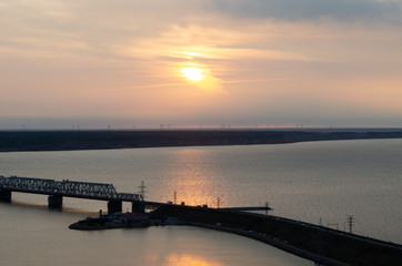 Sunrise over the wind farms. View over Volga river, Ulyanovsk, Russia.