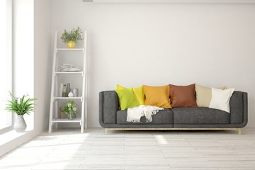 Stylish room in white color with colorful sofa. Scandinavian interior design. 3D illustration