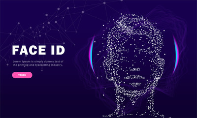 Face id technology. Trendy Innovations face systems.  Innovations systems identifications and development computers software industry. Poligon personal encryption protection.