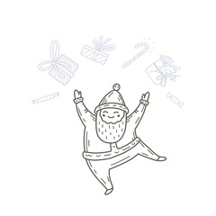 Vector illustration of dancing Santa Claus juggling with gifts. Cute handdrawn doodle style. Christmas concept for card, banner, poster, flyer, web and any design.